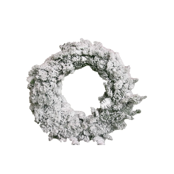 Couronne hivernale en fausse neige, aux textures douces et blanches, évoquant le gel.