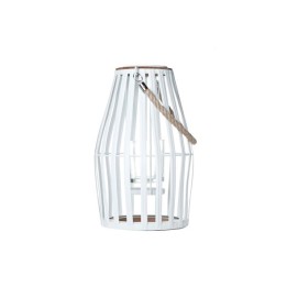 Lanterne en métal blanc, forme conique, avec poignée en corde et verre intérieur.