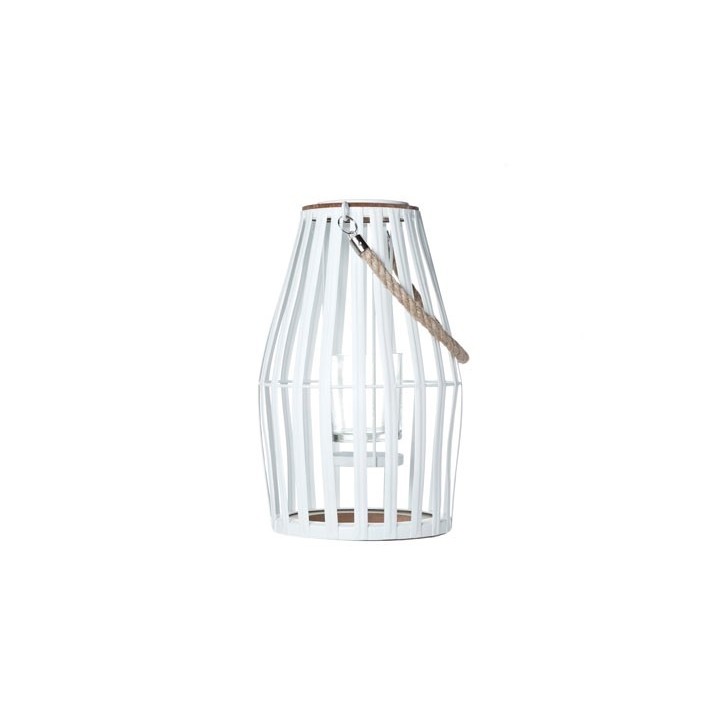 Lanterne en métal blanc, forme conique, avec poignée en corde et verre intérieur.