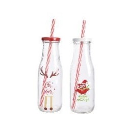 Bouteilles en verre festives avec pailles rayées, décorées de motifs joyeux.