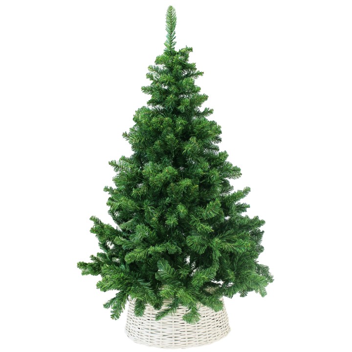 Arbre de Noël vert, feuillage dense, dans un panier en osier tissé.