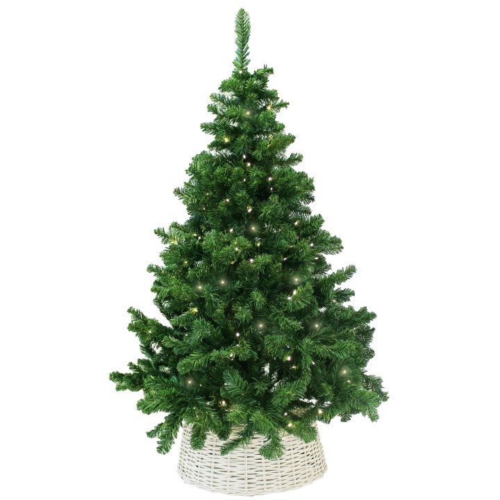 Sapin de Noël artificiel vert, décoré de lumières, dans un pot en osier.