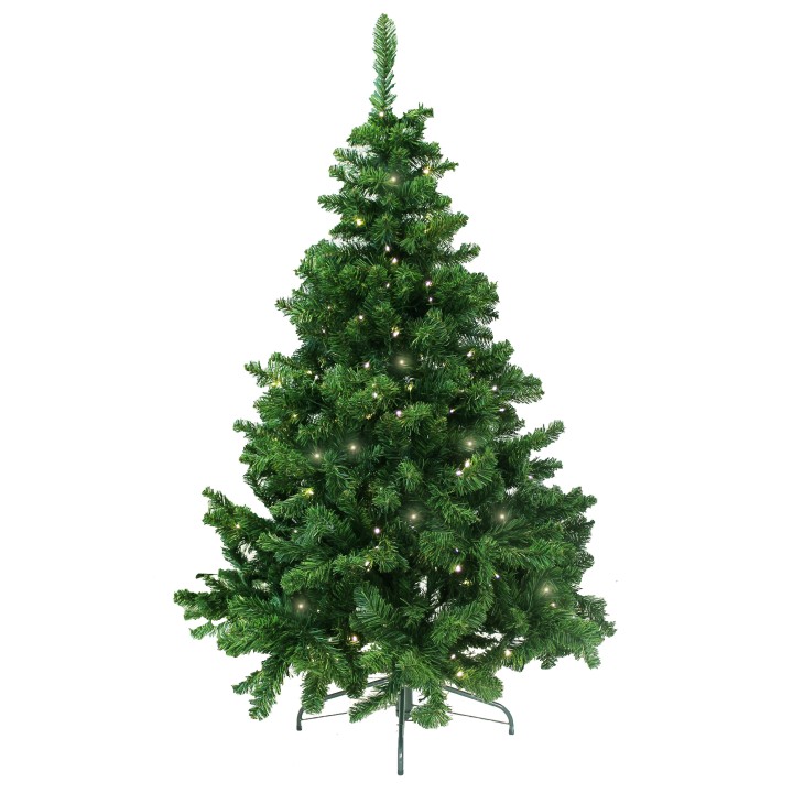 Arbre de Noël vert, lumineux, aux branches feuillues et à la forme conique élégante.