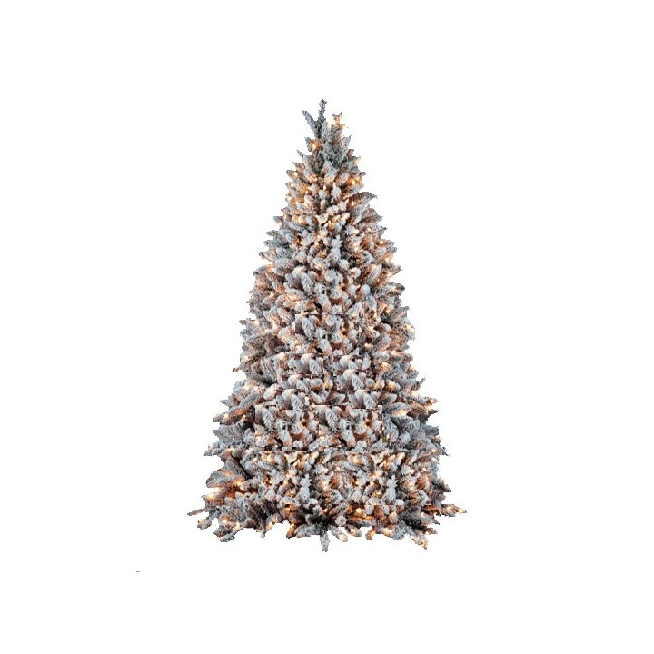 Arbre de Noël enneigé aux branches généreuses, illuminé par des lumières chaleureuses.