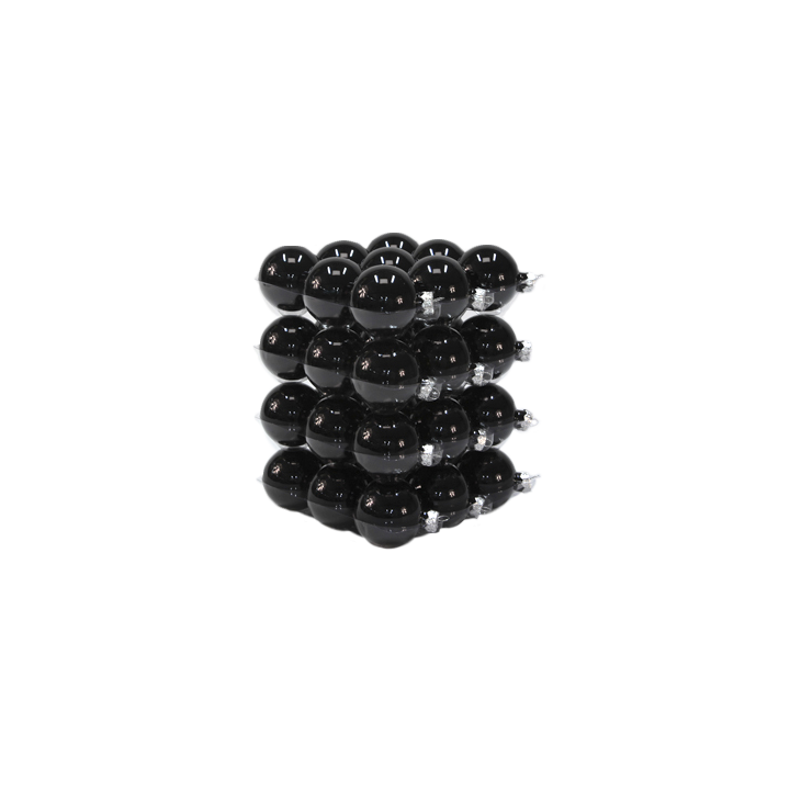 Empilement de sphères noires brillantes, créant un motif géométrique moderne.