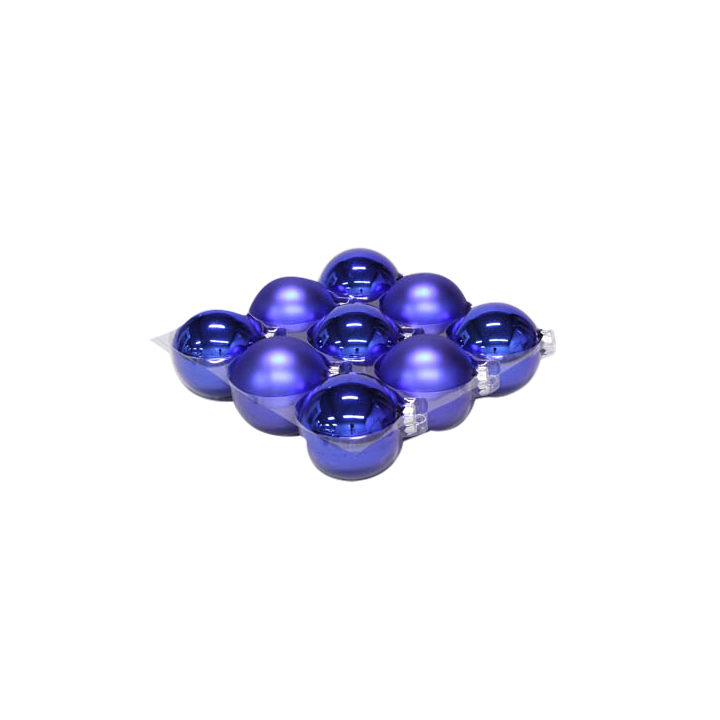 Huit boules brillantes, en métal bleu, disposées en forme de carré.