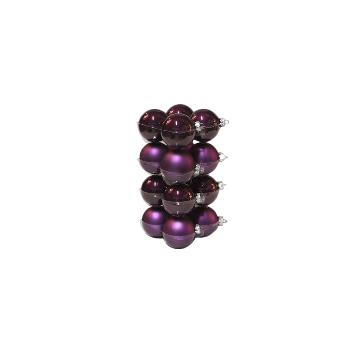 Décorations de Noël en boule, violet brillant, empilées en forme de colonne.