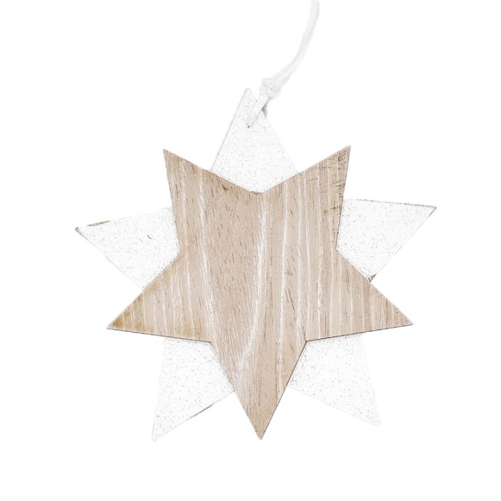 Étoile décorative en bois clair, entourée de deux étoiles blanches brillantes.