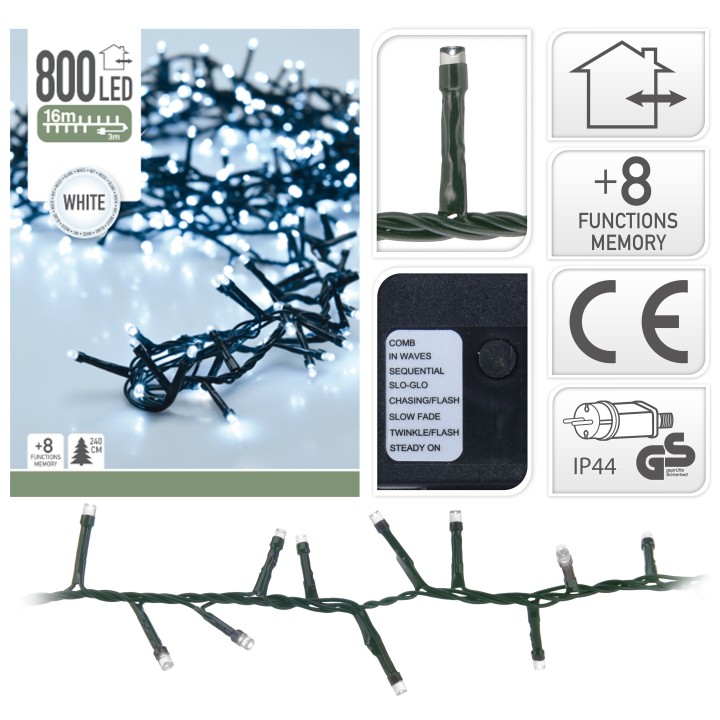 Guirlande lumineuse LED blanche sur fil vert, 16 m, avec plusieurs modes d'éclairage.