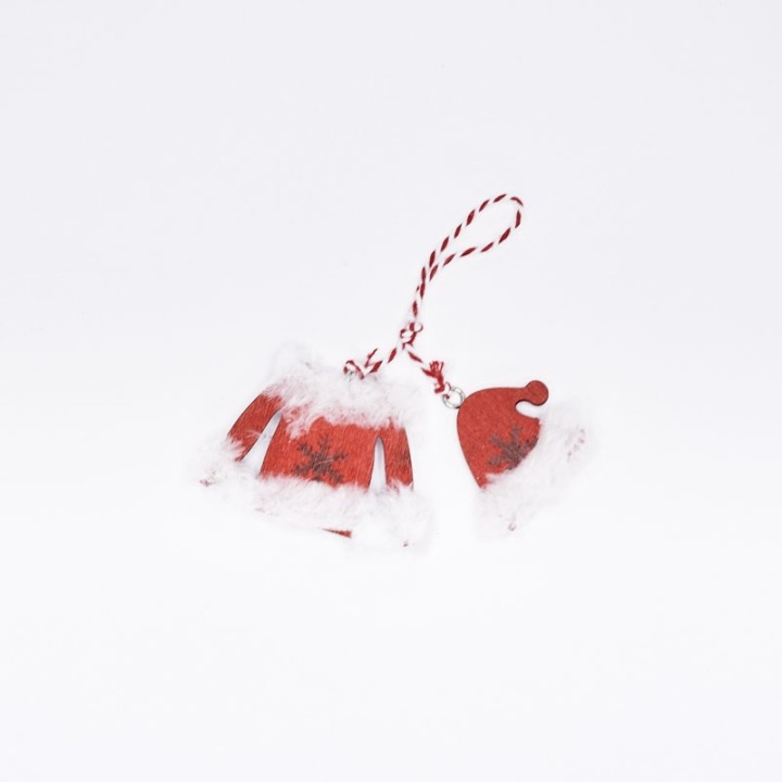 Miniature de costume de Noël en rouge et blanc, avec fausse fourrure et cordon décoratif.
