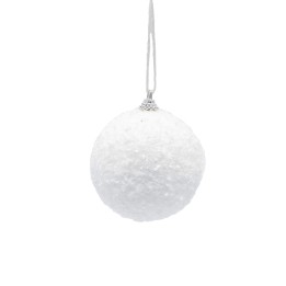 Boules blanches texturées, suspendues, évoquant la pureté et la légèreté hivernale.