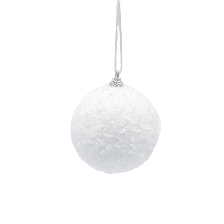 Boules blanches texturées, suspendues, évoquant la pureté et la légèreté hivernale.