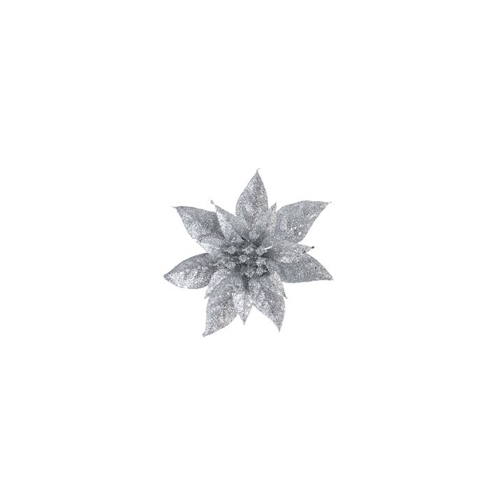Fleur argentée scintillante aux pétales étoilés et brillants, évoquant la magie des fêtes.