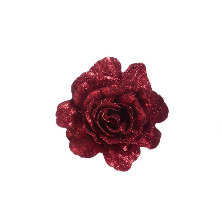 Fleur rouge scintillante, pétales en forme de rose, éclat lumineux et texture douce.