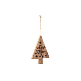 Ornement en bois en forme de sapin, gravé "Merry Christmas" avec motifs festifs.