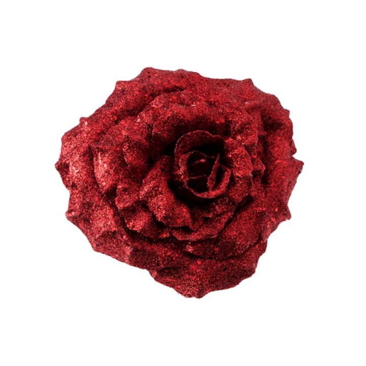 Fleur rouge scintillante, aux pétales texturés et brillants, évoquant une rose stylisée.