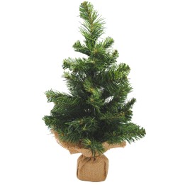Petit sapin artificiel vert, feuillage dense, pot en jute naturel. Parfait pour la décoration.