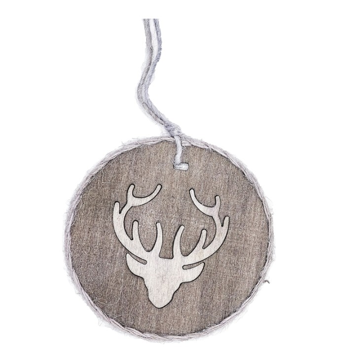 Médaillon en bois avec un motif de cerf, cordon en fil, style naturel et rustique.