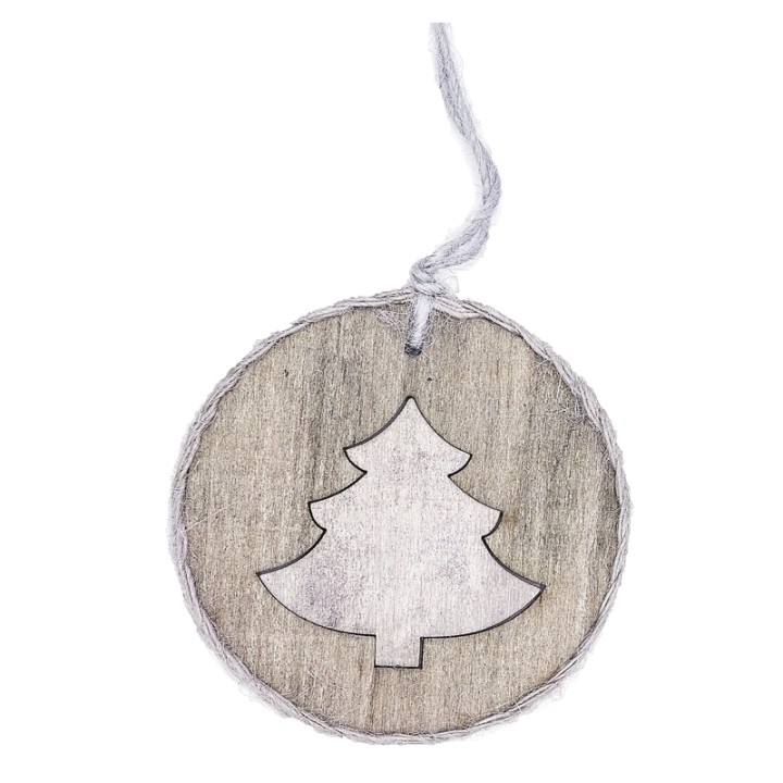 Médaillon en bois clair avec silhouette d'arbre de Noël, cordon en jute.