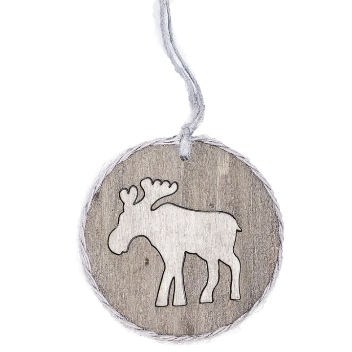 Médaillon en bois avec silhouette gravée d'un élan, cordon en jute.
