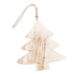 Ornement en bois en forme de sapin, teinté blanc, avec une corde naturelle pour suspendre.