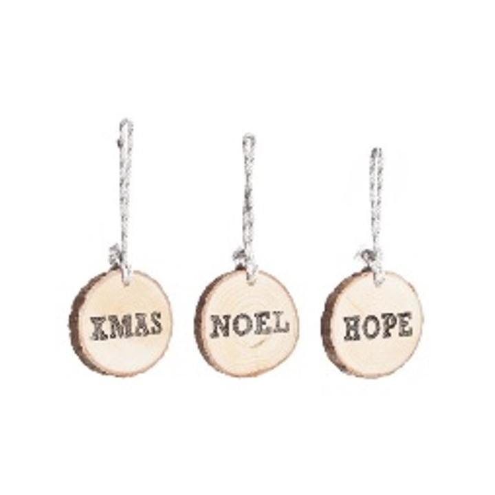 Médaillons en bois avec inscriptions "XMAS", "NOEL", "HOPE", suspendus par une corde.
