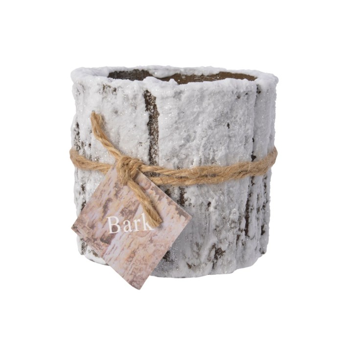 Vase en bois texturé, recouvert d'un vernis blanc, attaché par une corde naturelle.