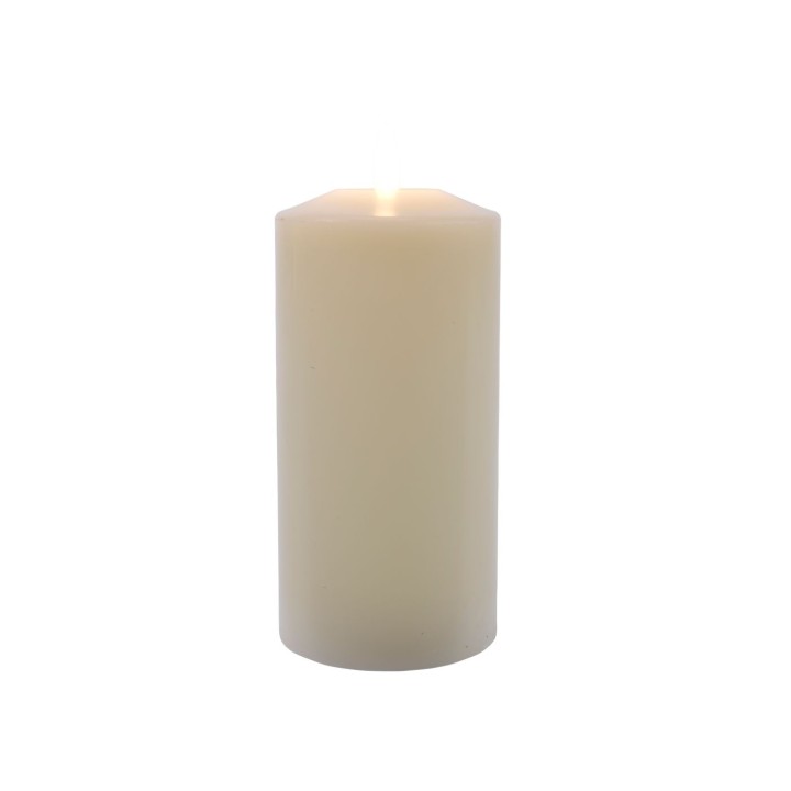 Bougie cylindrique blanche, surface lisse, légère lueur au sommet.
