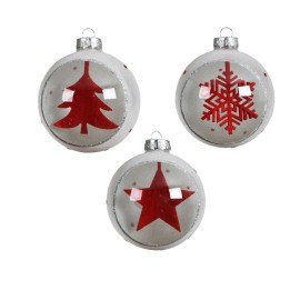 Boules de Noël blanches et rouges avec motifs d'arbre, étoile et flocon.