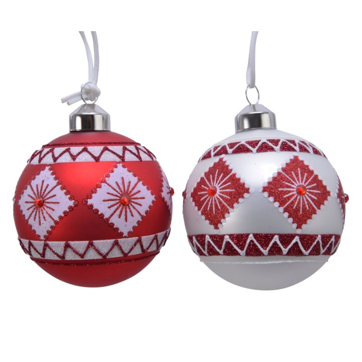Boule de Noël rouge et blanche ornée de motifs géométriques et paillettes scintillantes.