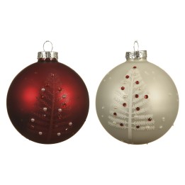 Boules de Noël rouge et blanche, motifs d'arbre, décorées de perles brillantes.