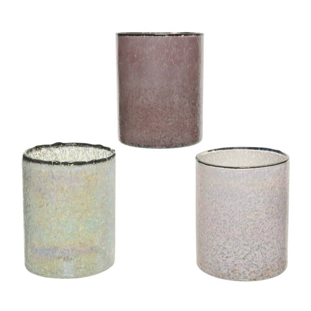 Trois vases en verre aux teintes pastel et textures brillantes, modernes et élégants.