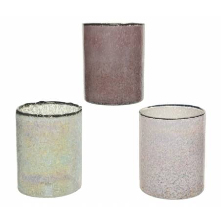 Trois vases en verre aux teintes pastel et textures brillantes, modernes et élégants.