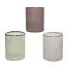 Trois vases en verre aux teintes pastel et textures brillantes, modernes et élégants.