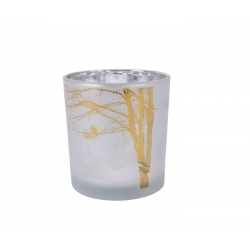 Vase en verre dépoli avec motif doré d'un arbre sur fond blanc.