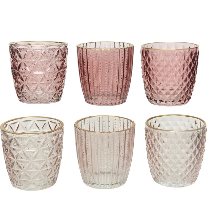 Verres décoratifs en verre teinté rose, aux motifs géométriques et dorures élégantes.