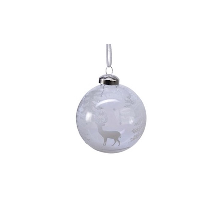 Boule de Noël transparente ornée d'un cerf et de motifs enneigés. Élégance hivernale.