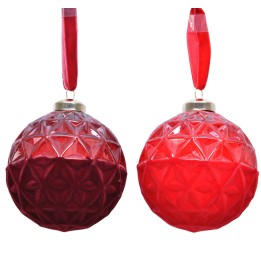 Boules de Noël brillantes, rouges et texturées, avec un ruban satin pour les suspendre.