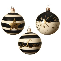 Boules de Noël noires et blanches rayées, ornées d'étoiles et de flocons dorés.