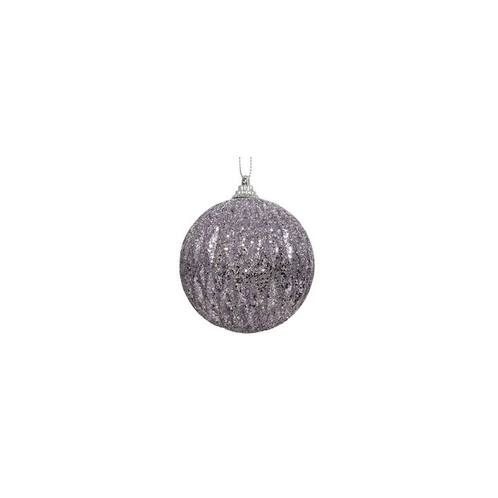 Boule décorative en verre argenté, scintillante avec des paillettes violettes.