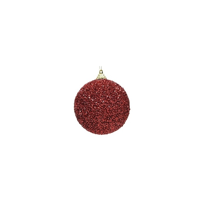 Boule de Noël rouge, couverte de paillettes scintillantes, avec un accroche en métal doré.