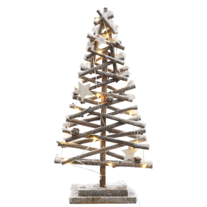 Sapin en branches boisées, décoré de neige artificielle et d'étoiles lumineuses.