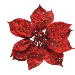 Fleur rouge étincelante aux pétales texturés, embellie de paillettes brillantes.