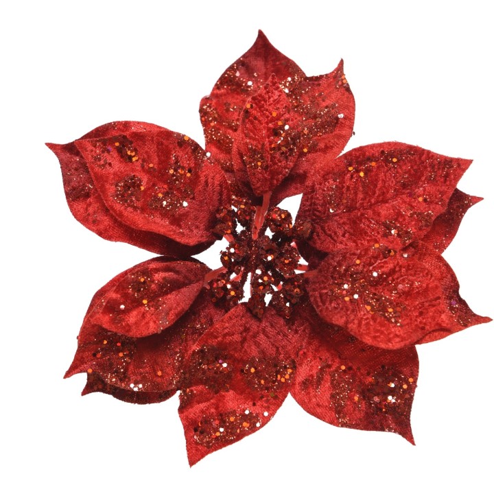 Fleur rouge étincelante aux pétales texturés, embellie de paillettes brillantes.