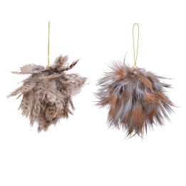 Boules décoratives en plumes, mêlant gris, brun et touches cuivrées, suspendues par un fil doré.