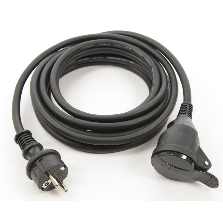 Câble électrique noir, rouleau flexible avec prise et connecteur rotatif.