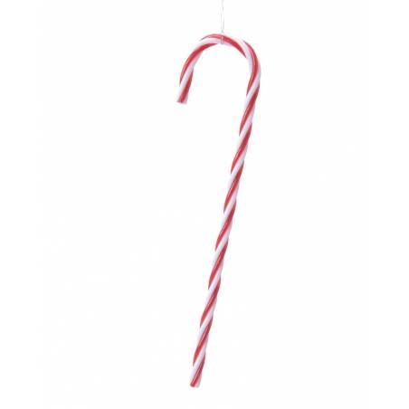Bâton de sucre d’orge rouge et blanc, en forme de canne, suspendu sur fond neutre.