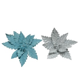 Deux fleurs décoratives : l'une turquoise et l'autre argentée, aux pétales brillants et textur...