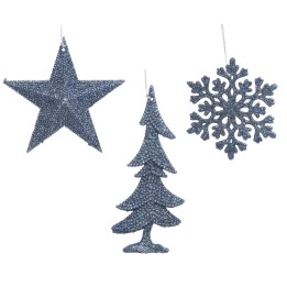 Décorations scintillantes en métal bleu, formes de star, sapin et flocon.