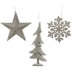 Décorations de Noël en métal argenté : étoile, sapin et flocon de neige.